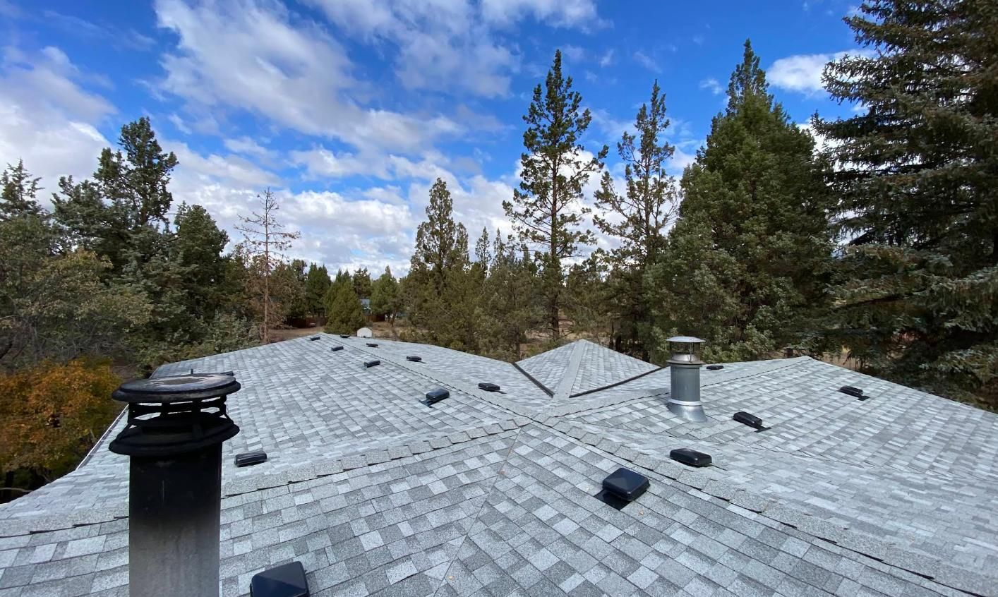Grey shingle roof with vents and chimneys, surrounded by trees under a partly cloudy sky.