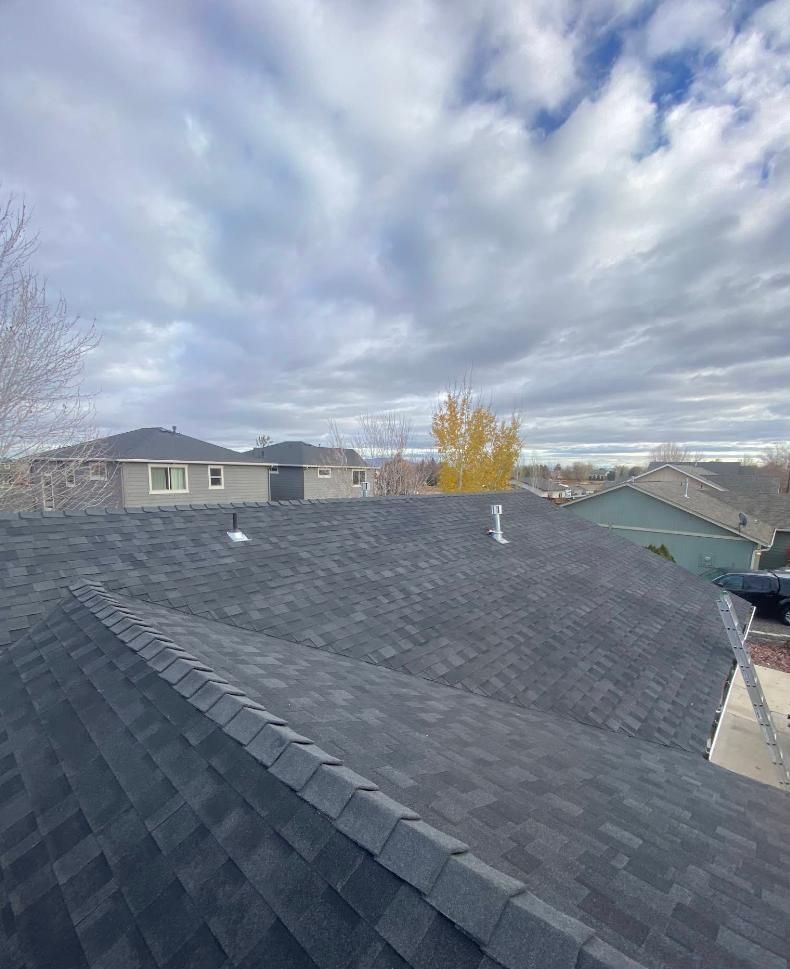 Dark gray asphalt shingle roof, with cloudy sky and houses in the background.