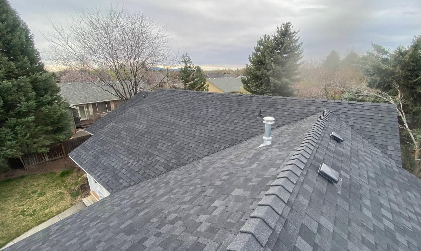 A dark gray asphalt shingle roof on a house with vents, surrounded by trees on a cloudy day.