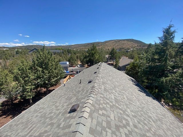 Gray asphalt shingle roof, surrounded by trees, with a mountain in the distance, under a blue sky.