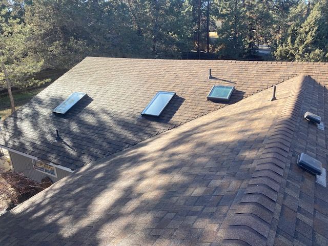 Brown shingle roof with four skylights and vents, viewed from above, surrounded by trees.