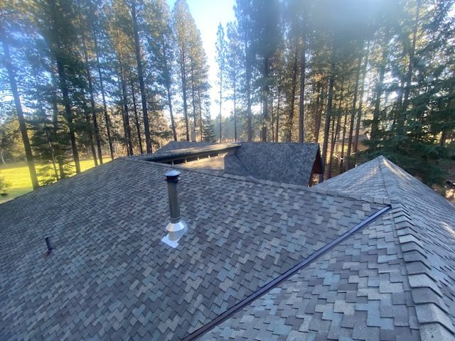 View of a multi-roofed house with gray shingles and a metal chimney against a backdrop of tall trees.