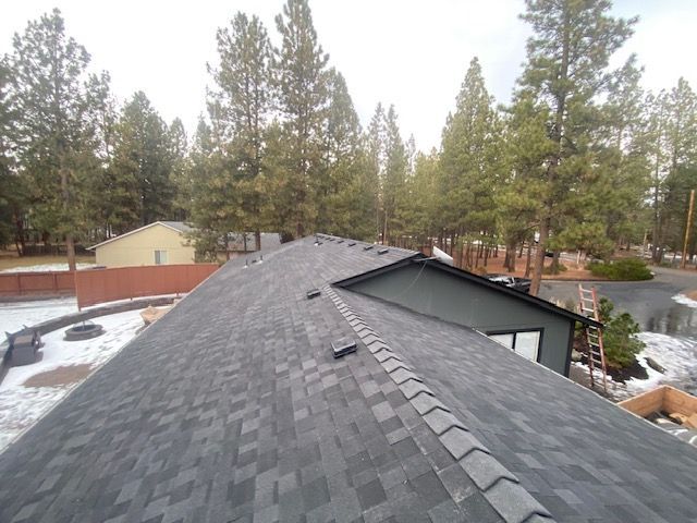 Gray shingle roof of a house with trees in the background, a residential area in winter.