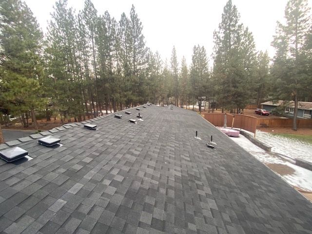 Dark gray shingle roof with multiple vents; trees in the background.