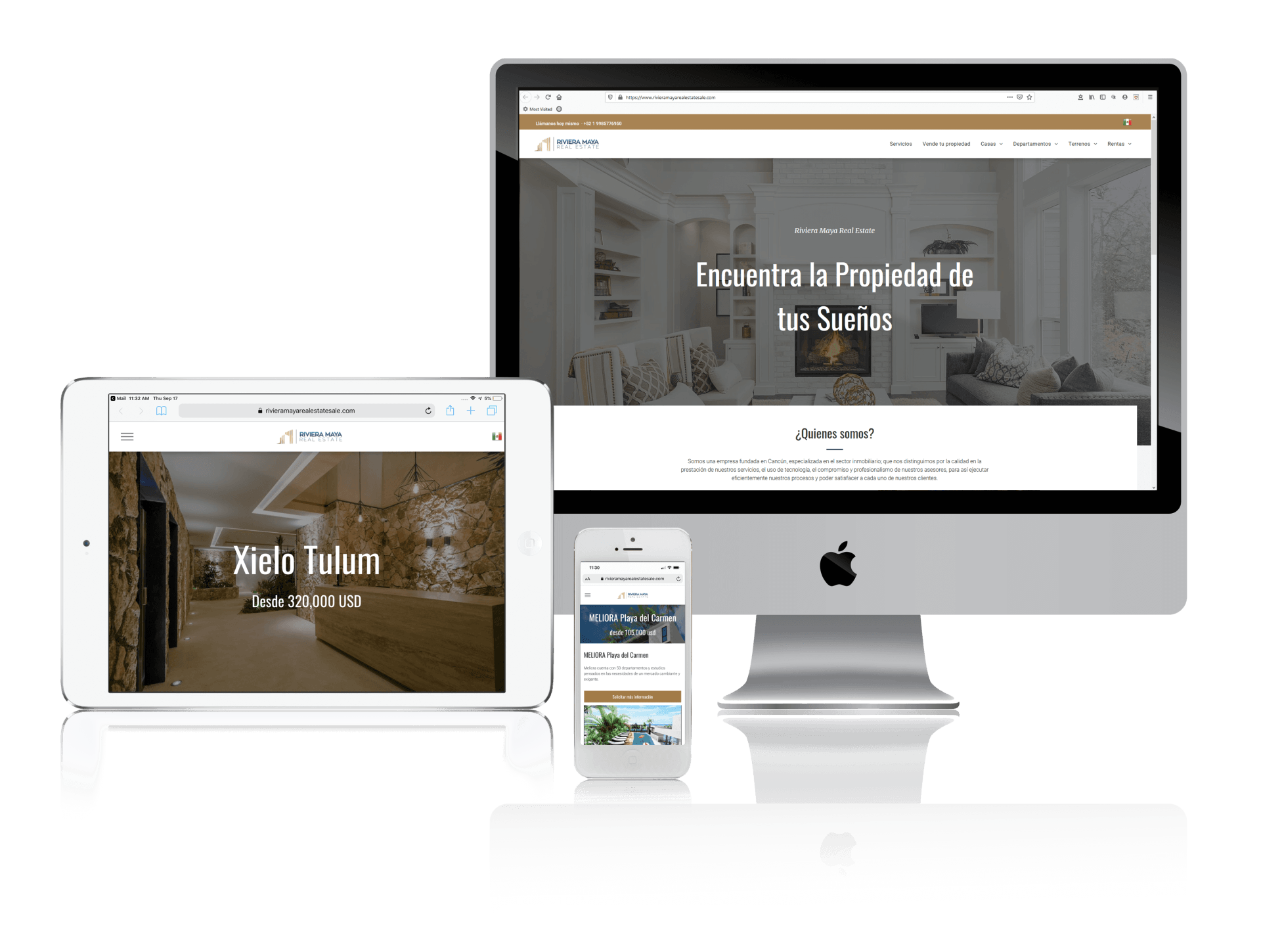 A computer , tablet , and cell phone are displaying a website.