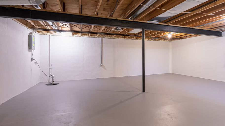 Empty basement with gray floor, white walls, exposed ceiling beams, and a steel support beam.