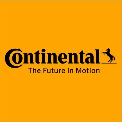 Continental logo: black text and horse on orange background, slogan