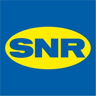 Logo for SNR, blue text in a yellow oval on a blue background.