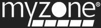 Logotipo de Myzone, una plataforma de fitness. Texto blanco sobre fondo negro, con el nombre de la marca, un círculo que representa la 