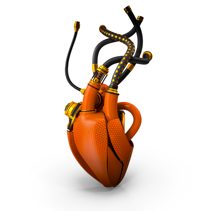 An orange robotic heart with tubes coming out of it