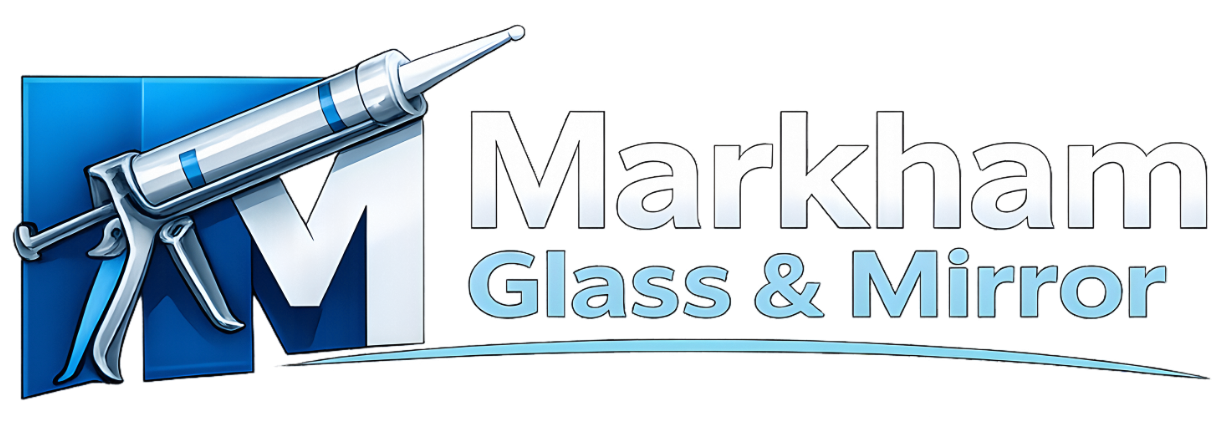 Logo of Markham Glass & Mirror; blue 