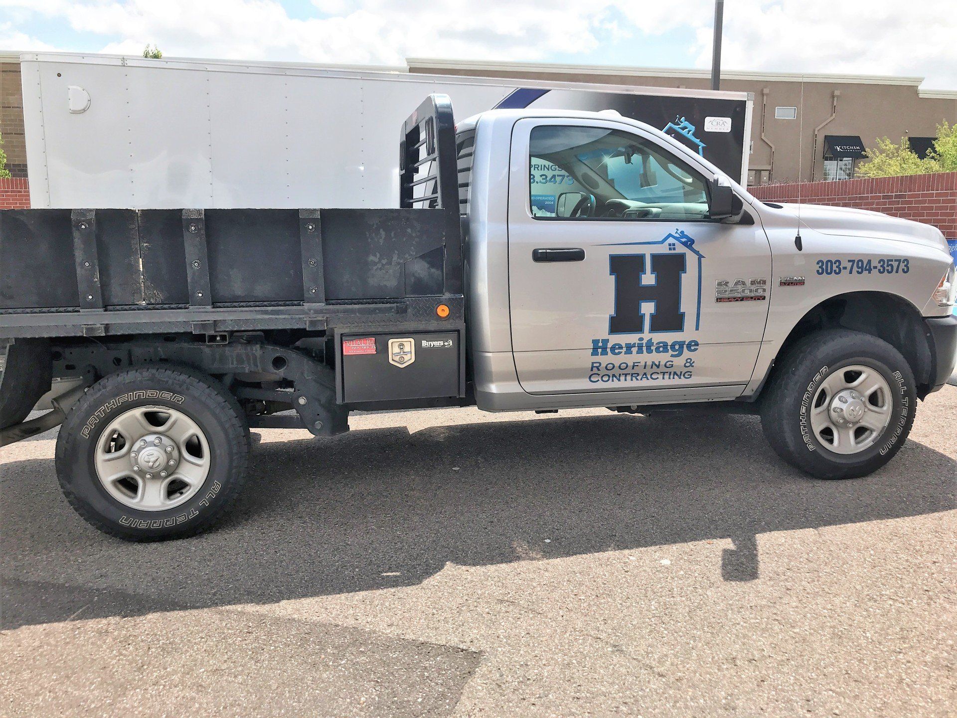 Our trucks are typically stocked with the supplies & tools for immediate repair. Image is of one of our trucks with our logo.