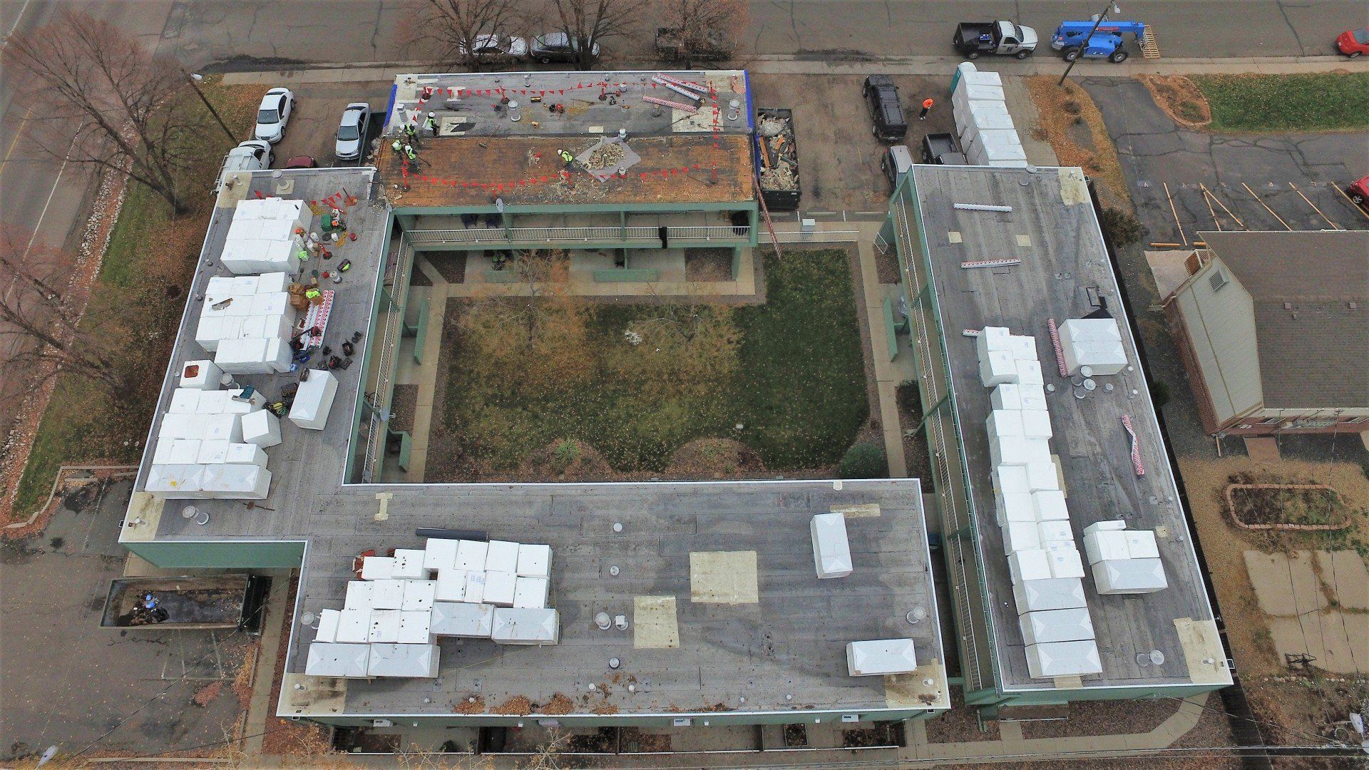 Aerial view of a commercial flat roof.