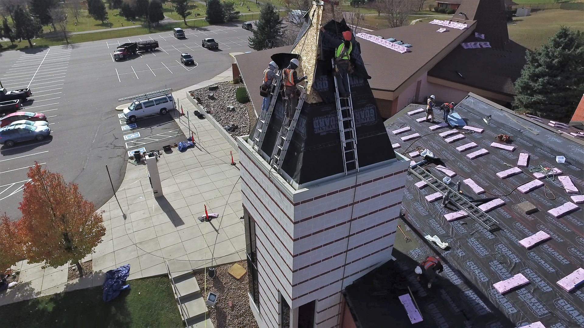 St. Joseph's steeple is getting prepped for a new roof.