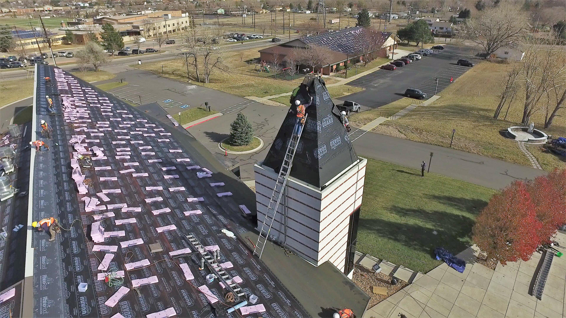 St. Joseph's church getting prepared for a new roof installation.