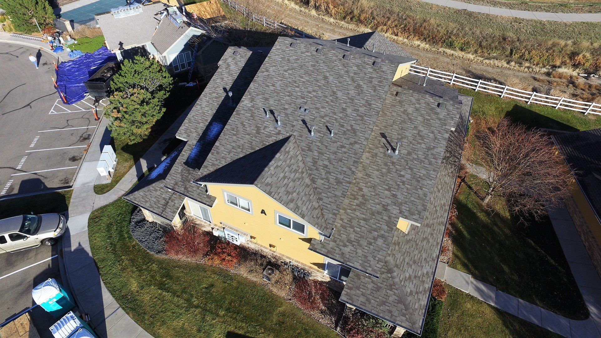 A freshly installed roof by Heritage Roofing & Contracting (aerial view).