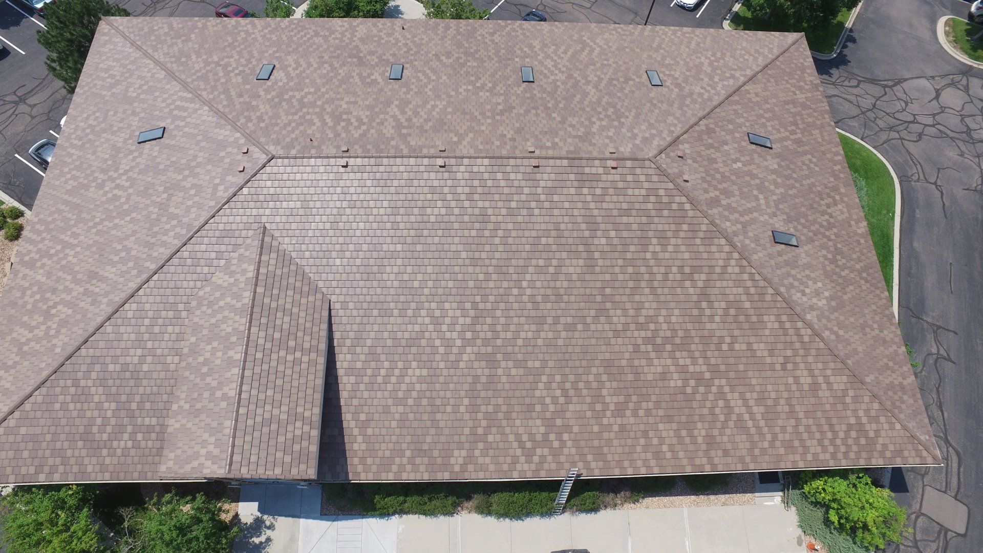 A freshly installed roof by Heritage Roofing & Contracting (aerial view).
