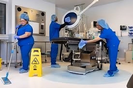 A group of nurses are cleaning an operating room in a hospital.