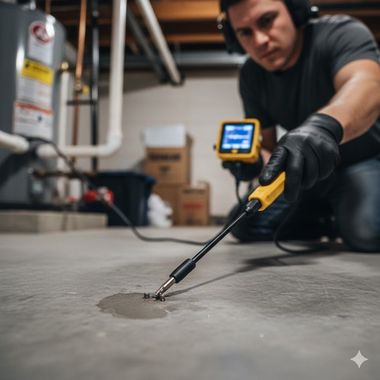 Man uses a pipe and water leak detector in a basement.