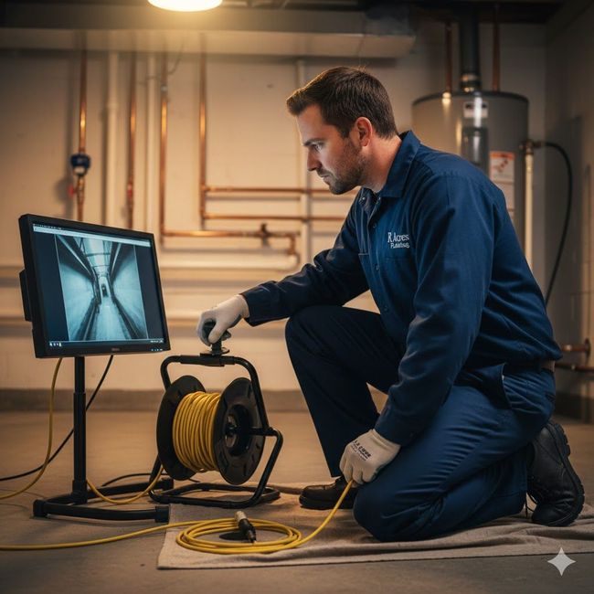 Plumber inspects a drain with a camera. He kneels on a mat, looking at a monitor displaying the drain's interior.
