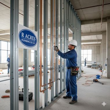 Construction worker installing copper pipes on a metal stud wall, R. Acres Plumbing logo visible.