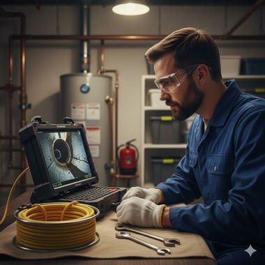 Plumber inspecting a drain with a camera. He wears safety glasses and gloves and sits in a utility room.