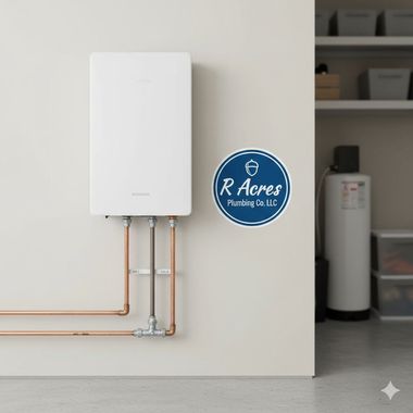 White wall-mounted water heater with copper pipes in a utility room. Logo of