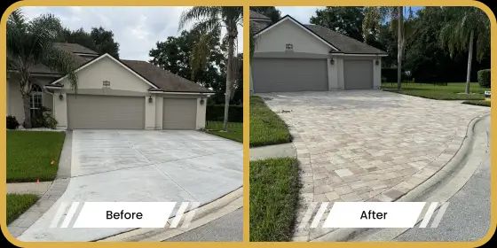 Before and after of a home's driveway. The before is concrete, the after is brick pavers.