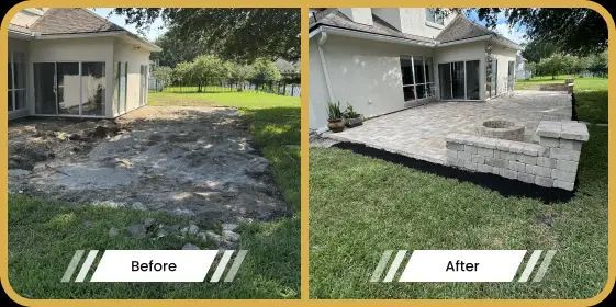 Before-and-after of backyard patio renovation: Excavated area transformed into a stone patio with retaining walls.