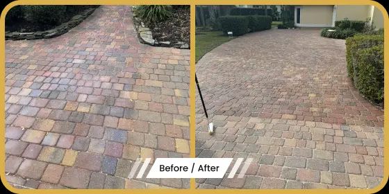 A brick driveway before and after cleaning. The before is dirty, the after is clean.