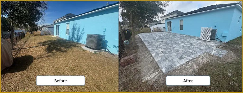 Before and after comparison of a backyard. The befor' shows grass, while the after shows a concrete patio.