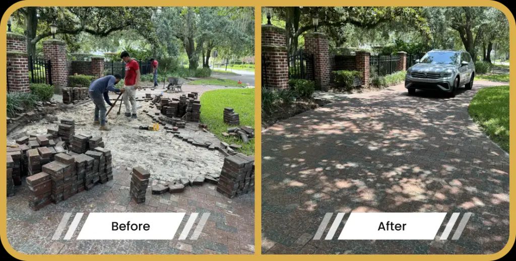Before-and-after of a driveway. The before shows workers laying bricks. The after reveals a paved driveway with a car parked.