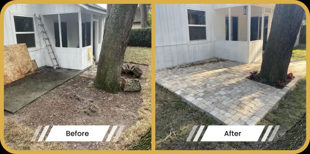 Before and after photos of a patio. The before shows dirt and the after shows pavers around a tree.