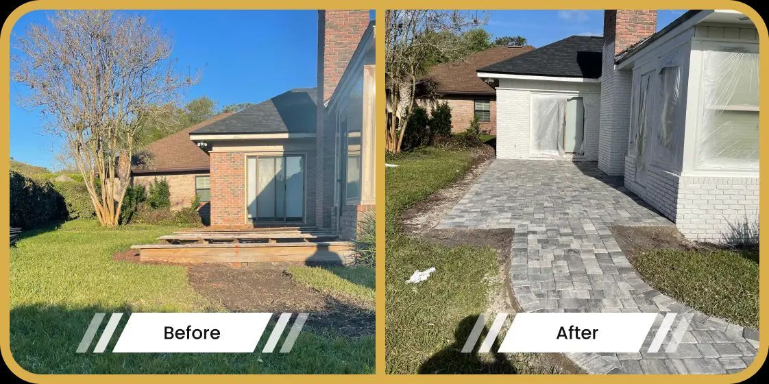 Before-and-after of home's exterior: from grass/deck to a brick pathway.