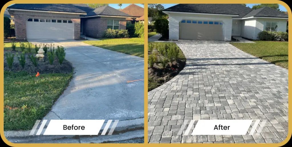 Before and after comparison of a driveway: concrete to gray pavers.