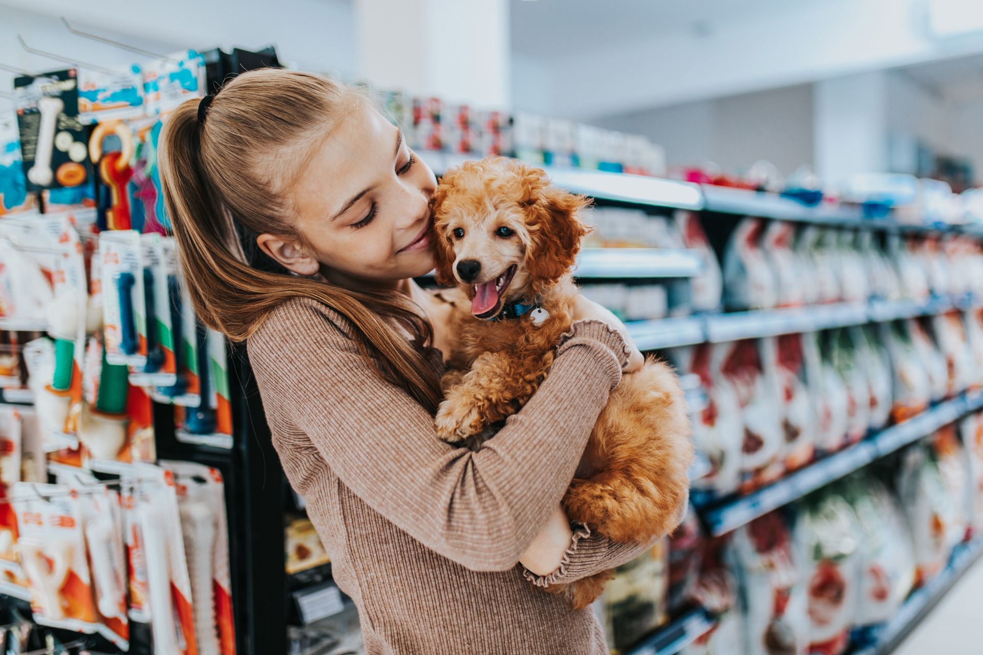 Cute girl with her poodle puppy in pet shop.