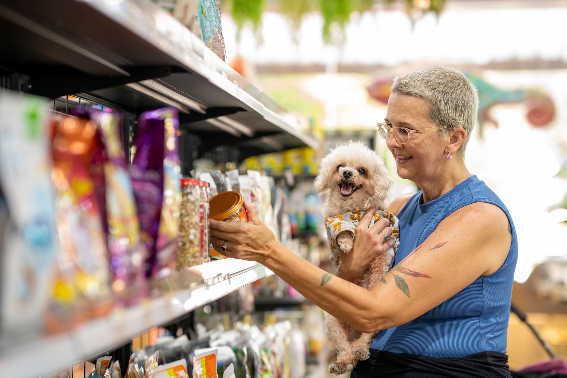 An older woman shops for dog food, inside a pet supply store, while holding her small dog. An older woman shops for dog food, inside a pet supply store, while holding her small dog.