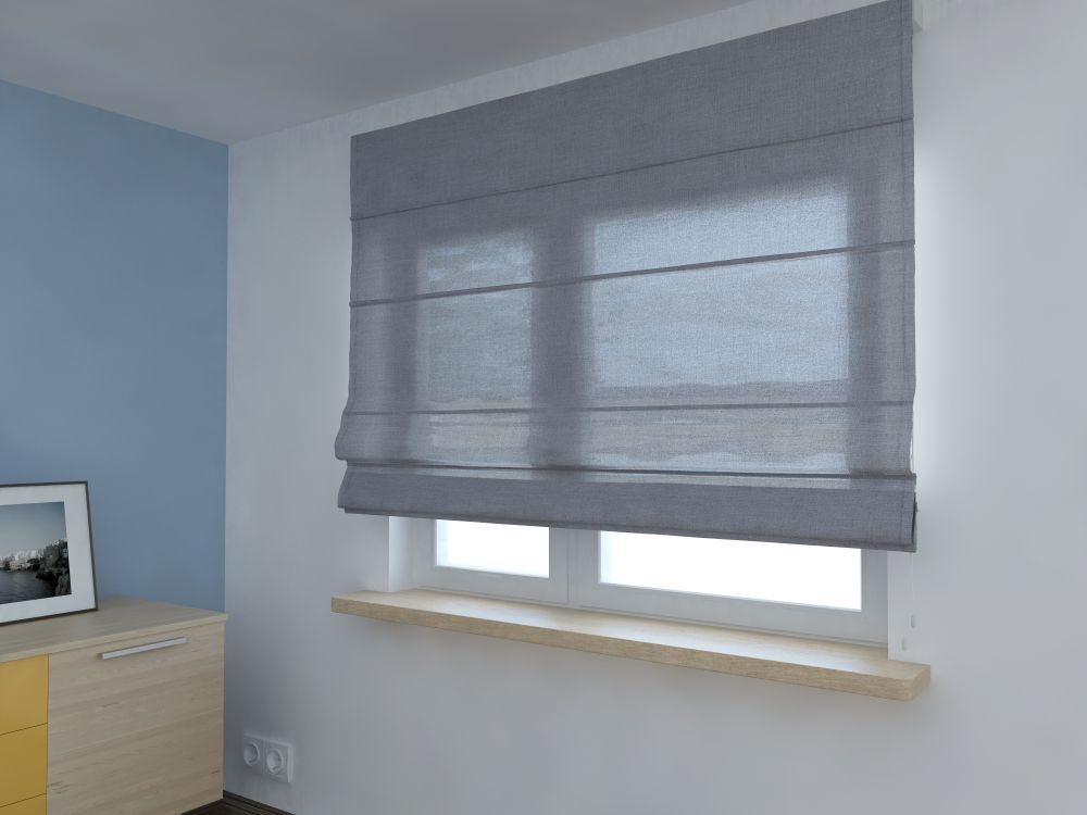 Grey Roman Shade Over a Small Window in a Light Blue Room — Another Blind Man in Kawana Waters, QLD