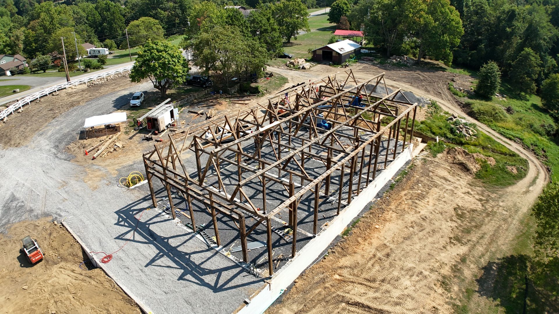 An aerial view of a custom timber frame home construction in  Pennsylvania.