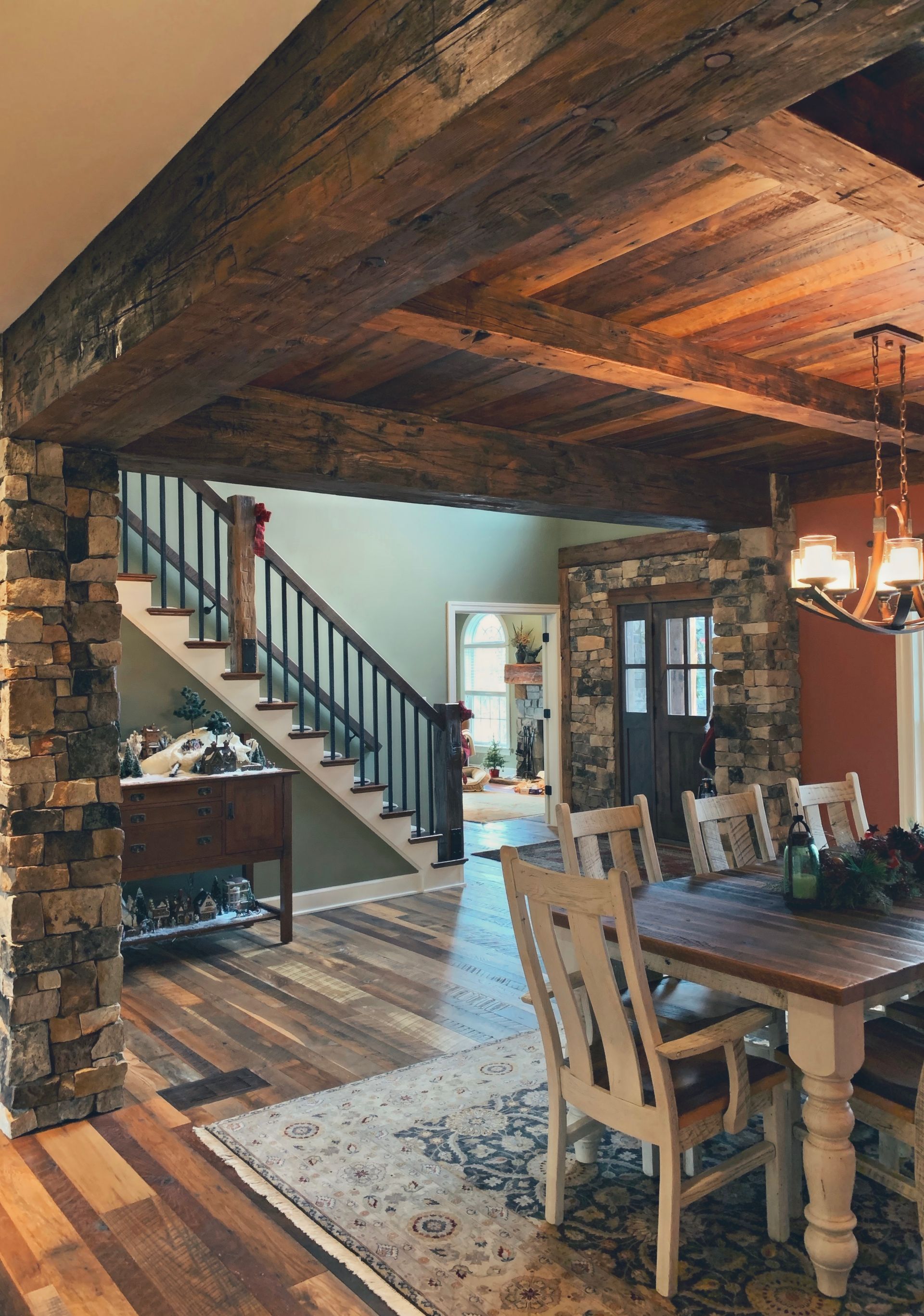 Bay & Bent America rustic dining room with eco-friendly lumber beams
