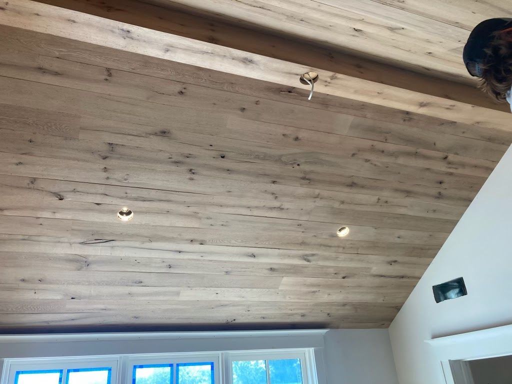 Rustic Ceiling with Recessed Lights and Reclaimed Wood Wall Paneling in Pennsylvania