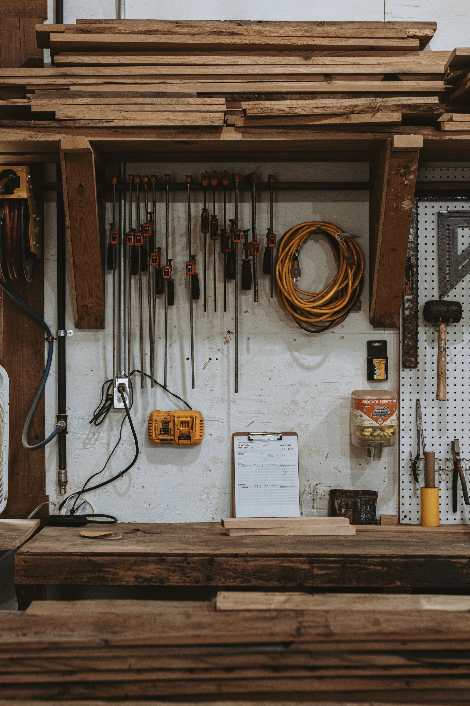 Woodworking shop in Pennsylvania with tools for recycling projects.