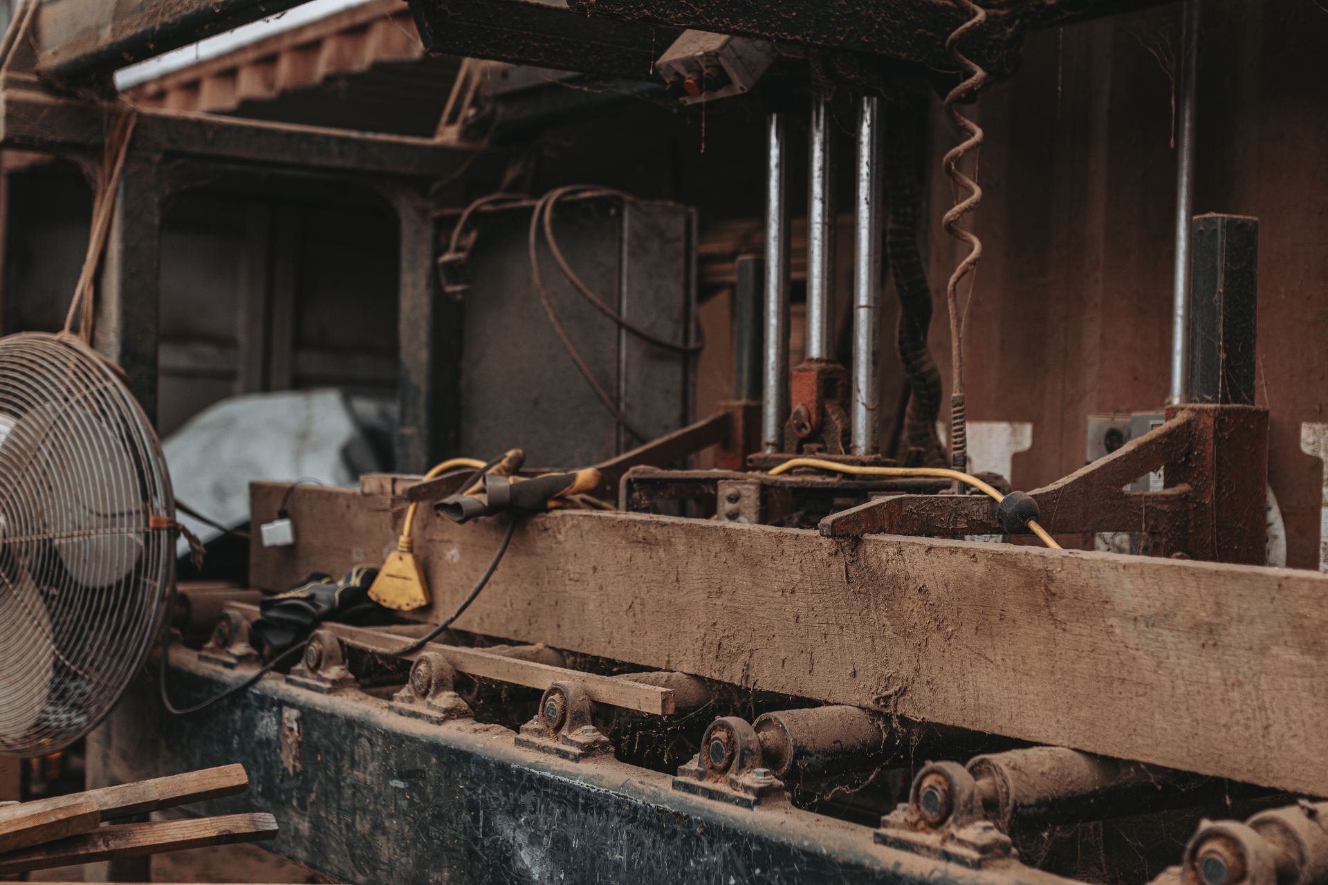Timber processing with old sawmill equipment in Pennsylvania workshop