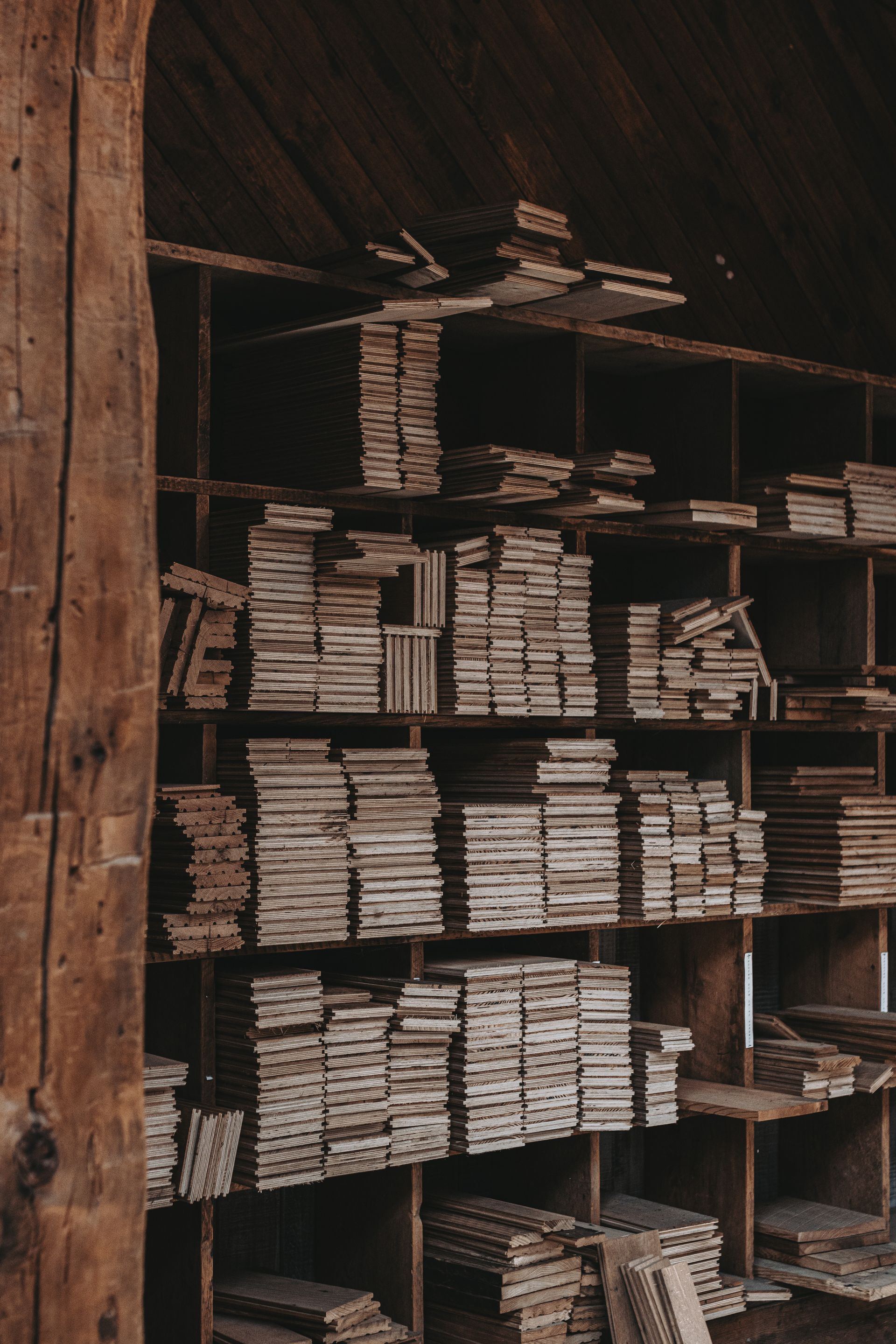 Historic reclaimed lumber stored on shelves in Central Pennsylvania