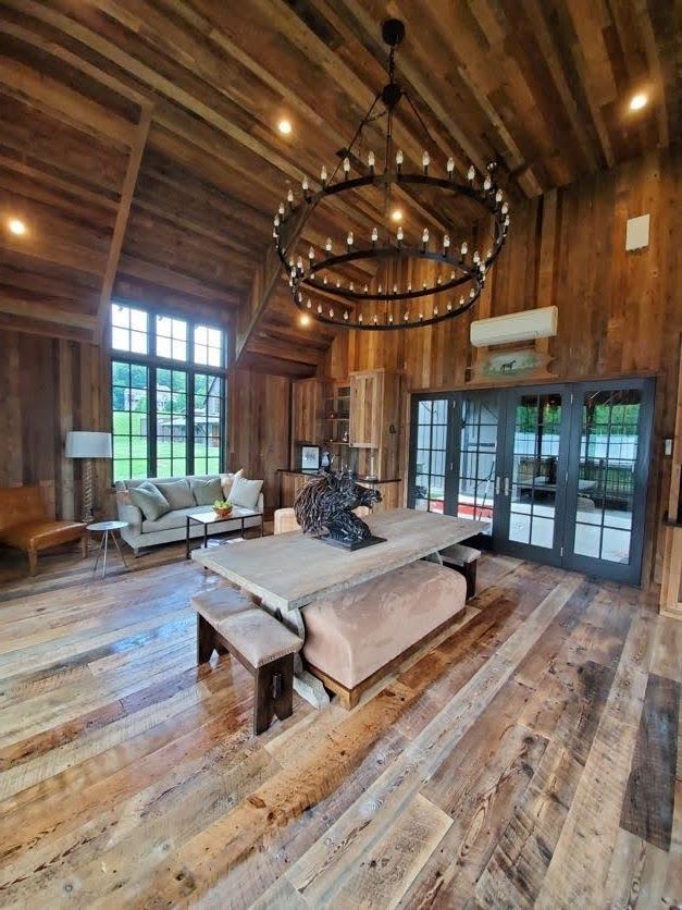 Rustic Room with Reclaimed Wood Ceiling and Chandelier in Pennsylvania