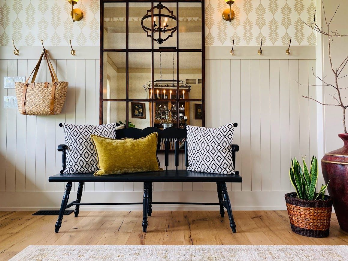 Pennsylvania Home Entry with Black Bench and Antique Beam Wall Décor