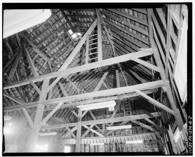 Interior of Pre-Civil War barn frames with wooden trusses.
