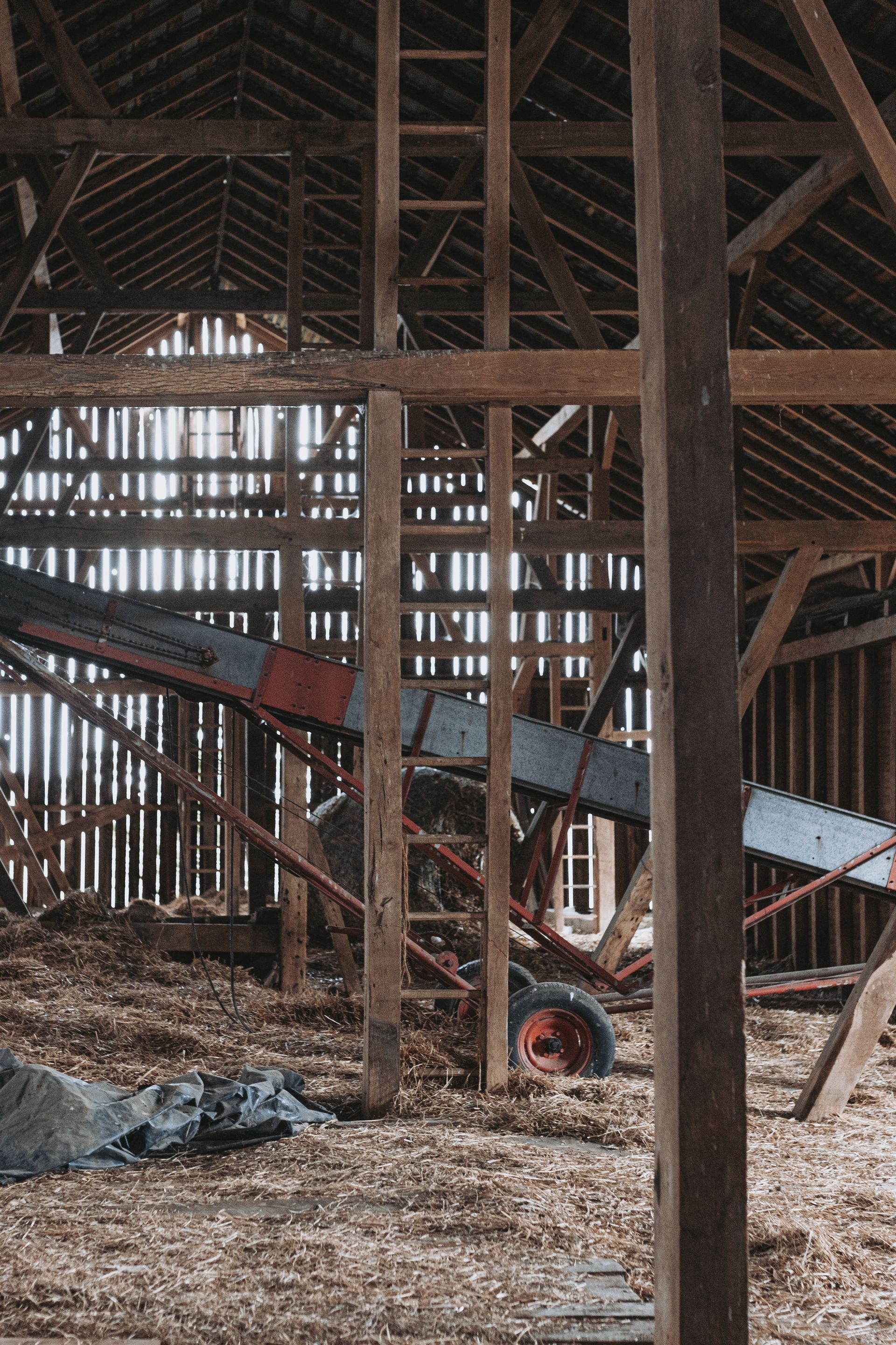 A wooden barn with a conveyor belt inside of it.