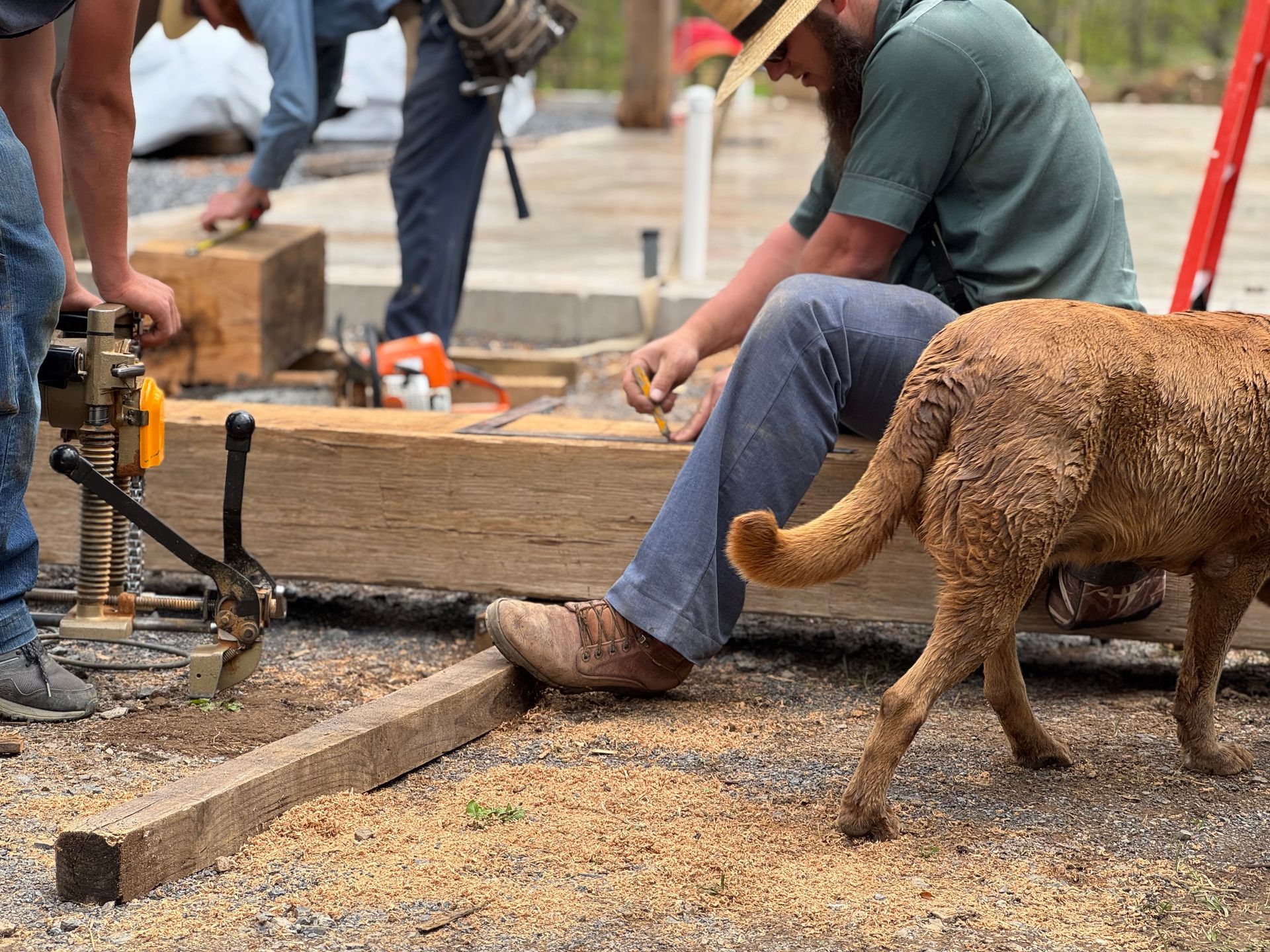 Historic timber frame repair specialists working on large wooden beams outdoors.