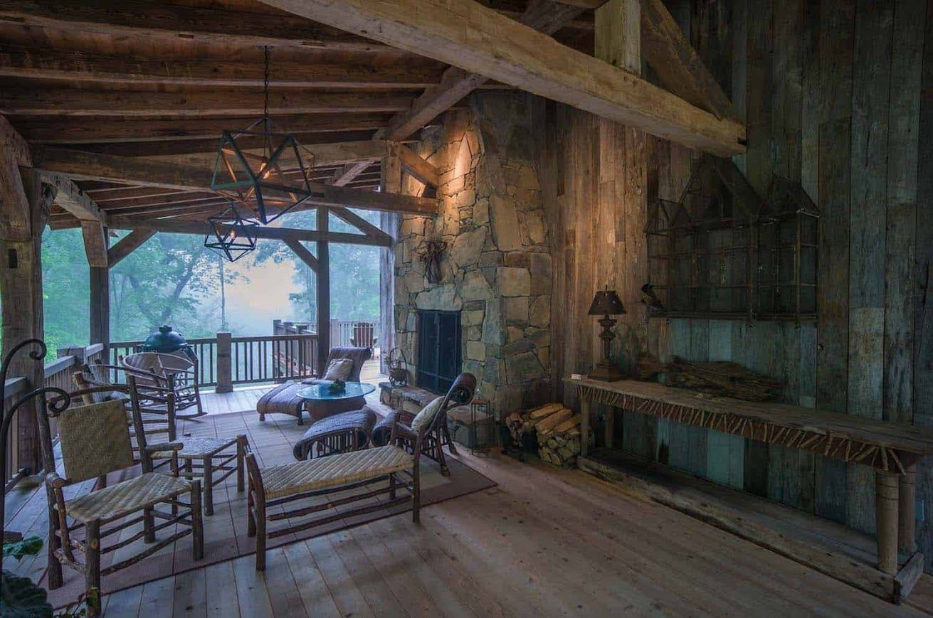 Rustic patio with beams from antique barns.